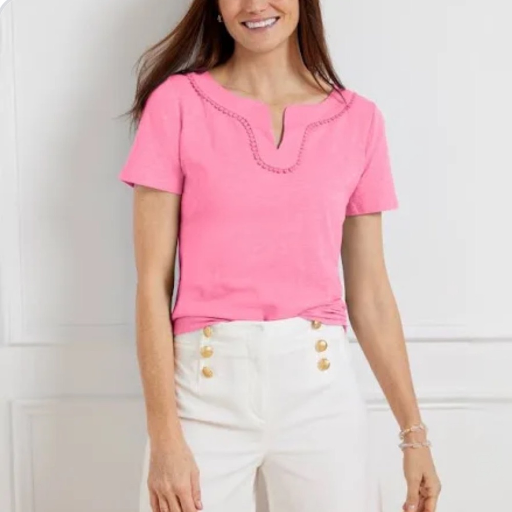Talbots Women's Cotton Dot Trim Pink Split
Neckโ Top Small